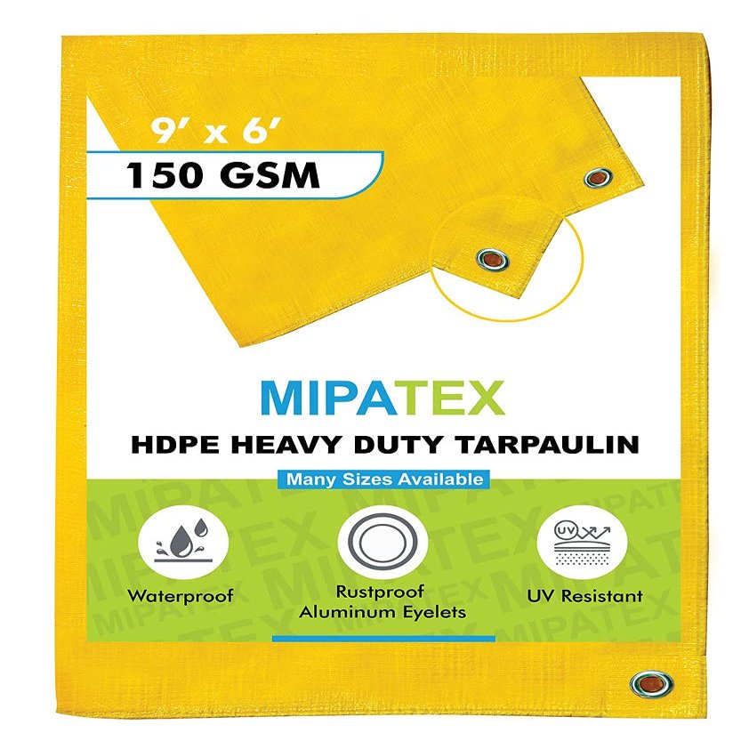 Mipatex Tarpaulin Sheet Waterproof Heavy Duty 9ft x 6ft, Poly Tarp with Aluminium Eyelets Every 3 feet - Multipurpose 150 GSM Plastic Cover for Truck, Home Roof, Rain, Outdoor or Sun (Yellow)