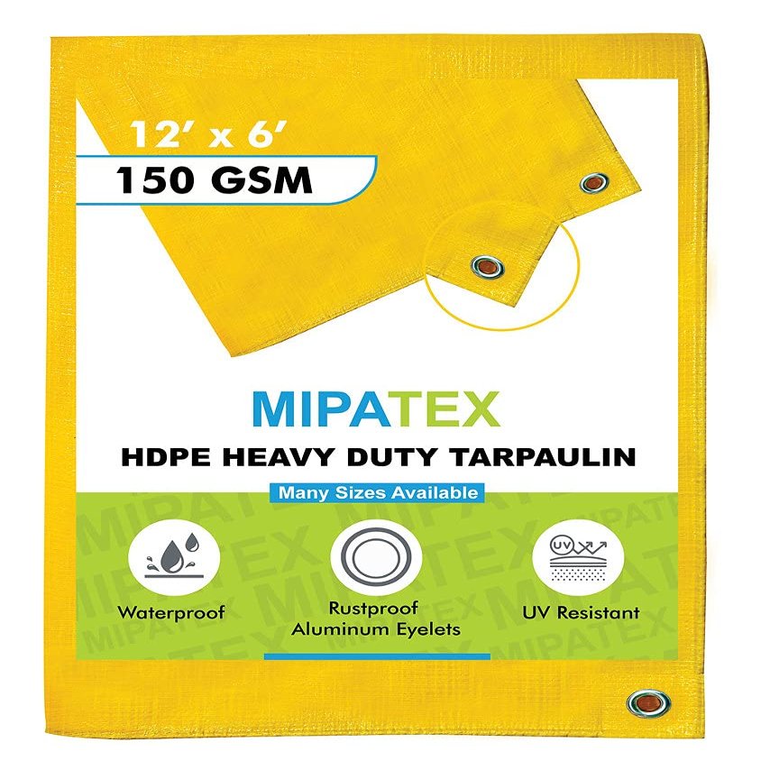 Mipatex Tarpaulin Sheet Waterproof Heavy Duty 5ft x 12ft, Poly Tarp with Aluminium Eyelets Every 3 feet - Multipurpose 150 GSM Plastic Cover for Truck, Home Roof, Rain, Outdoor or Sun (Yellow)