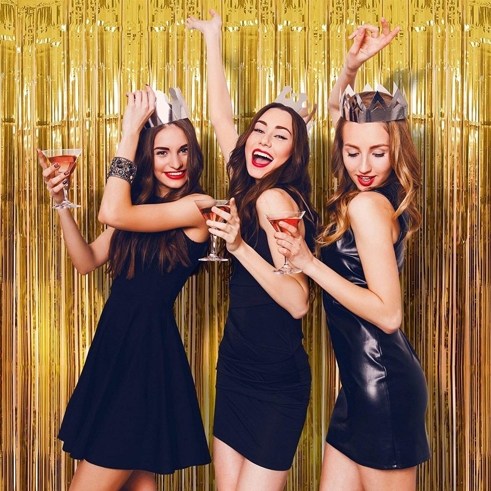 Satya Vipal Set of 3 Metallic Golden Foil Curtain Fringe for Party Decoration Door Curtains- 3 x 6 Feets Each