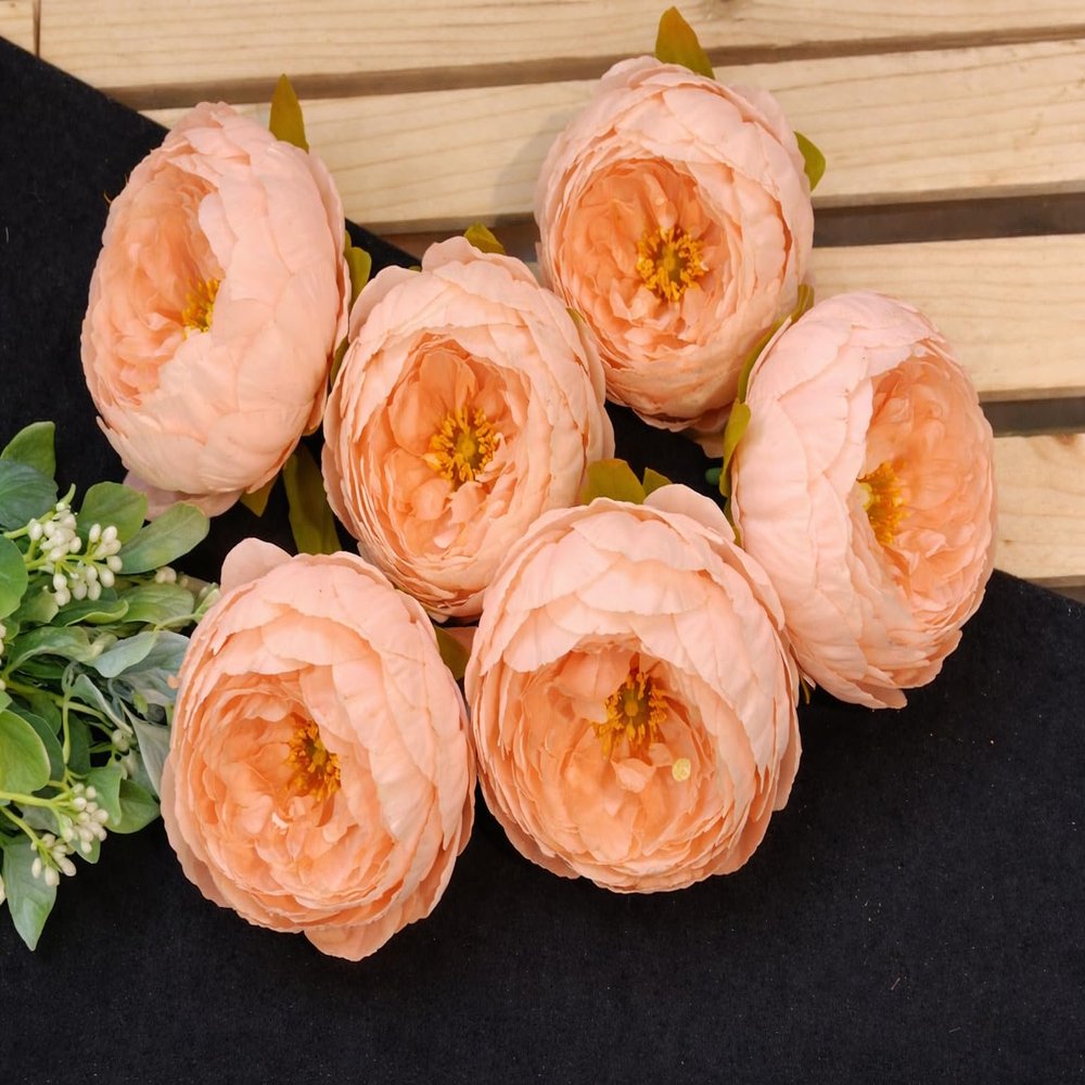 SATYAM KRAFT 6 Pcs Artificial Fabric Rose Flower Heads | Handmade Peony Style Flowers for DIY Crafting, Gift Packing, Bouquet Making, Wedding, Home & Event Decoration (Peach, 8 cm)