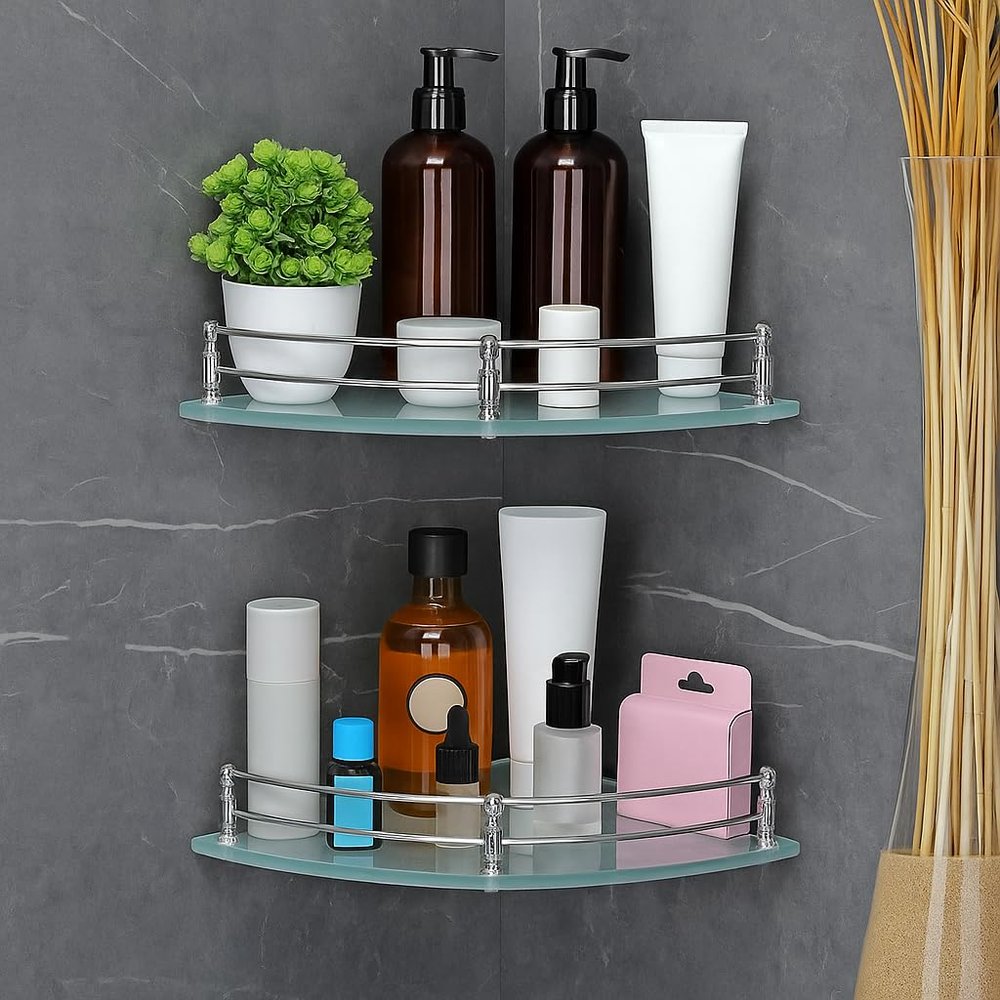 FORTUNE Glass Corner Shelf/Bathroom Shelf/Multipurpose Shelf/Living Room Corner Shelf/Wall Mount Bathroom Shelves (Frosted) (9 x 9 Inch) - (Pack of 2)