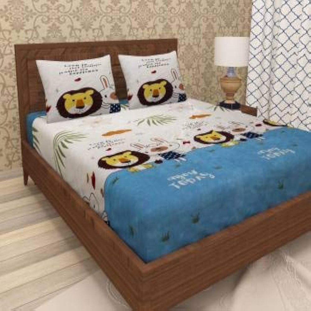 TIB 130 GSM Polycotton Kids Bedsheets for Double Bed with 2 Pillow Covers,90X100 Inches,Beige