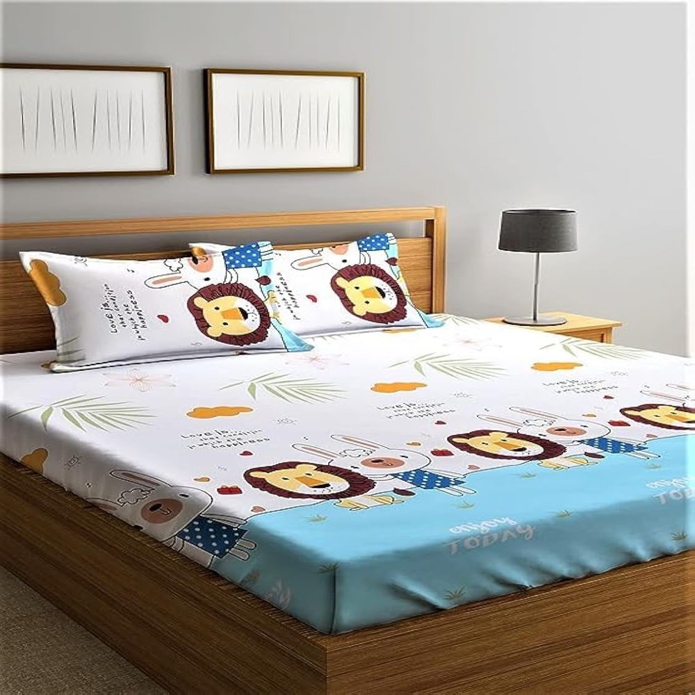 TIB Polycotton Printed Bedsheets for Double Bed with 2 Pillow Covers for Kids (Beige)