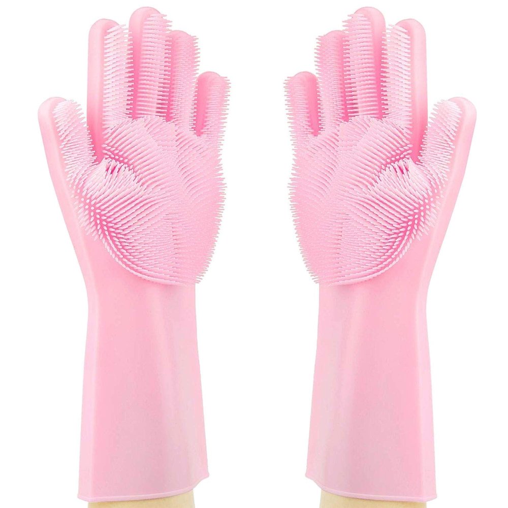 Generic Silicone Heat Resistant Rubber Dish Washing Gloves with Wash Scrubber (Medium) for kitchanwear