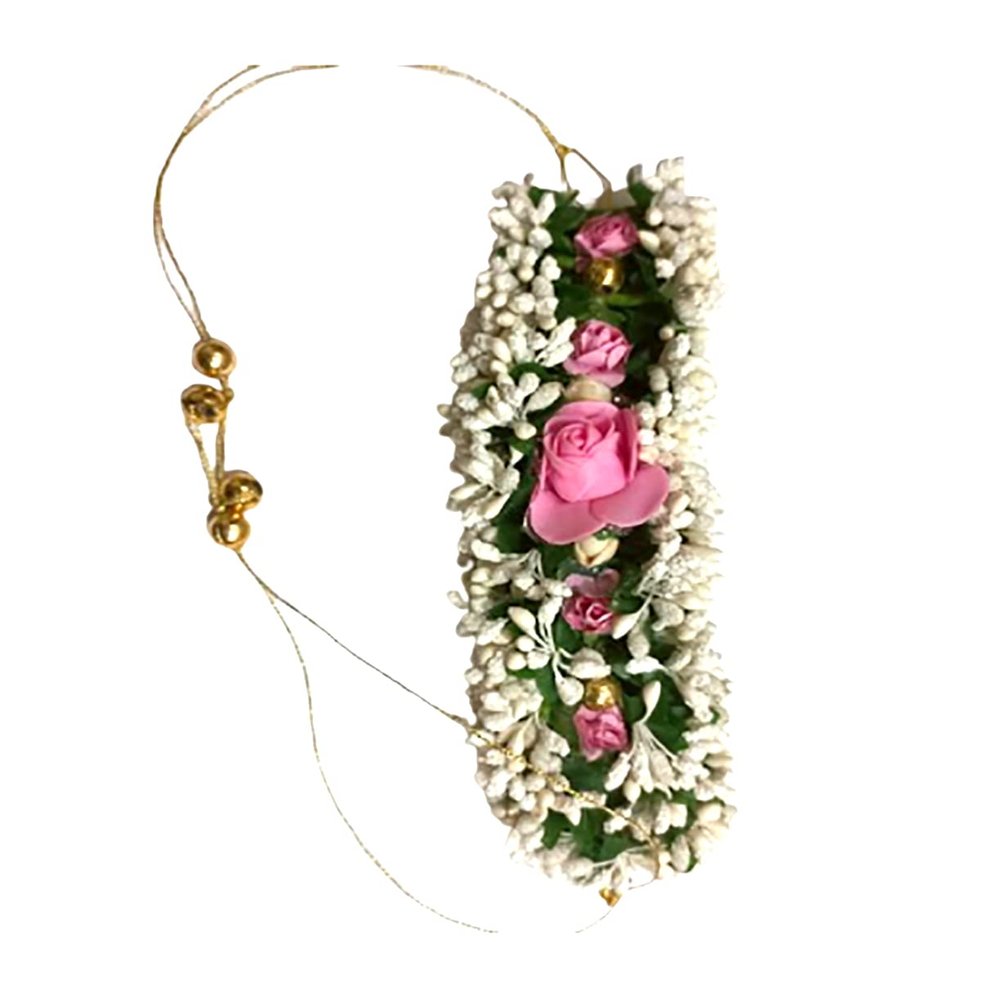 CCROHINI White Artificial Bud and Pink Flower Hair bun Handmade gajra Hair Accessory for Haldi, Mehdi and Wedding Ceremony (Pack of 1)