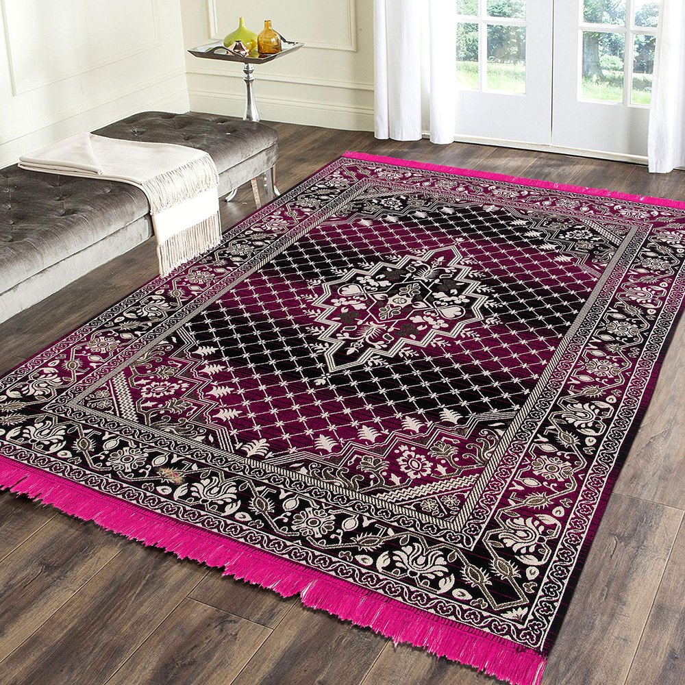 Zesture Bring Home Premium Chenille Jacquard Weaved Carpet, Area Rug, Dhurries, 5 x 6 ft, Pink -Black