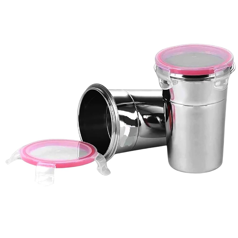 Dynore Stainless Steel Airtight, Leak Proof, Frezzer Safe and Dust Proof Glass Tumblers with Lid Set of 2. Capacity- 400 ML