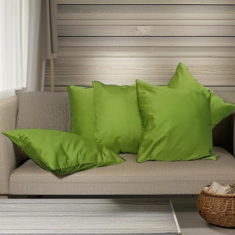 Fab Nation Set of 5 Cushion Covers, Dupion Silk or Art Silk, Plain, Light Green | 16x16, Unique Design, Zipper Back