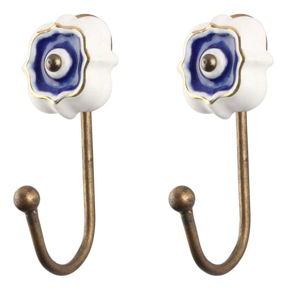 Indianshelf HandCrafted Ceramic Unique Hanger Hook For Kitchen Utensils Keys Coat Towel Boho Chic Holder (5 Inches/Navy Blue)-Packof 2