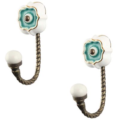 Indianshelf HandCrafted Ceramic Unique Utility Holder Wall Hooks Coat Key Hat Mug Kitchen Utensils Hanging(5 Inches/Sea Green)-Packof 2
