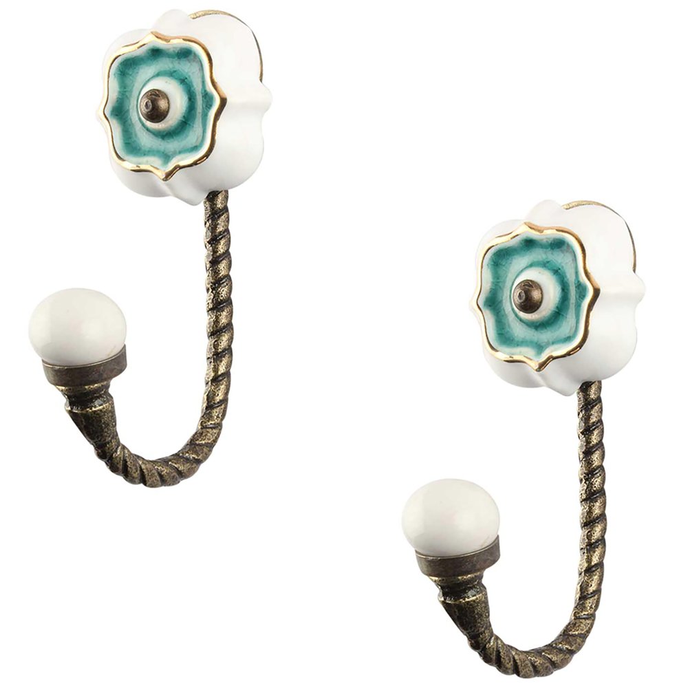 Indianshelf HandCrafted Ceramic Unique Utility Holder Wall Hooks Coat Key Hat Mug Kitchen Utensils Hanging(5 Inches/Sea Green)-Packof 2