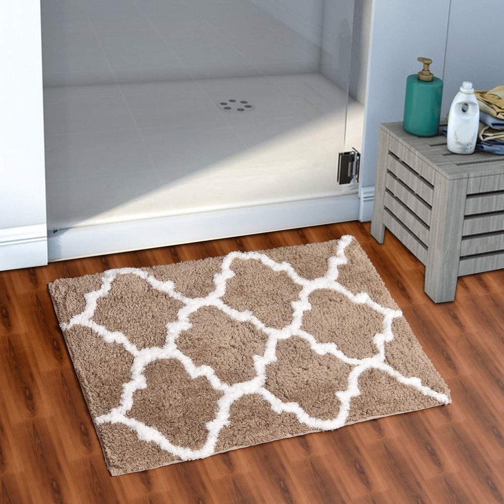 AEROHAVEN Glorious Super Soft Microfiber Abstract Moroccan Designer Anti Slip Bathmat (Taupe, 50 cm x 80 cm)