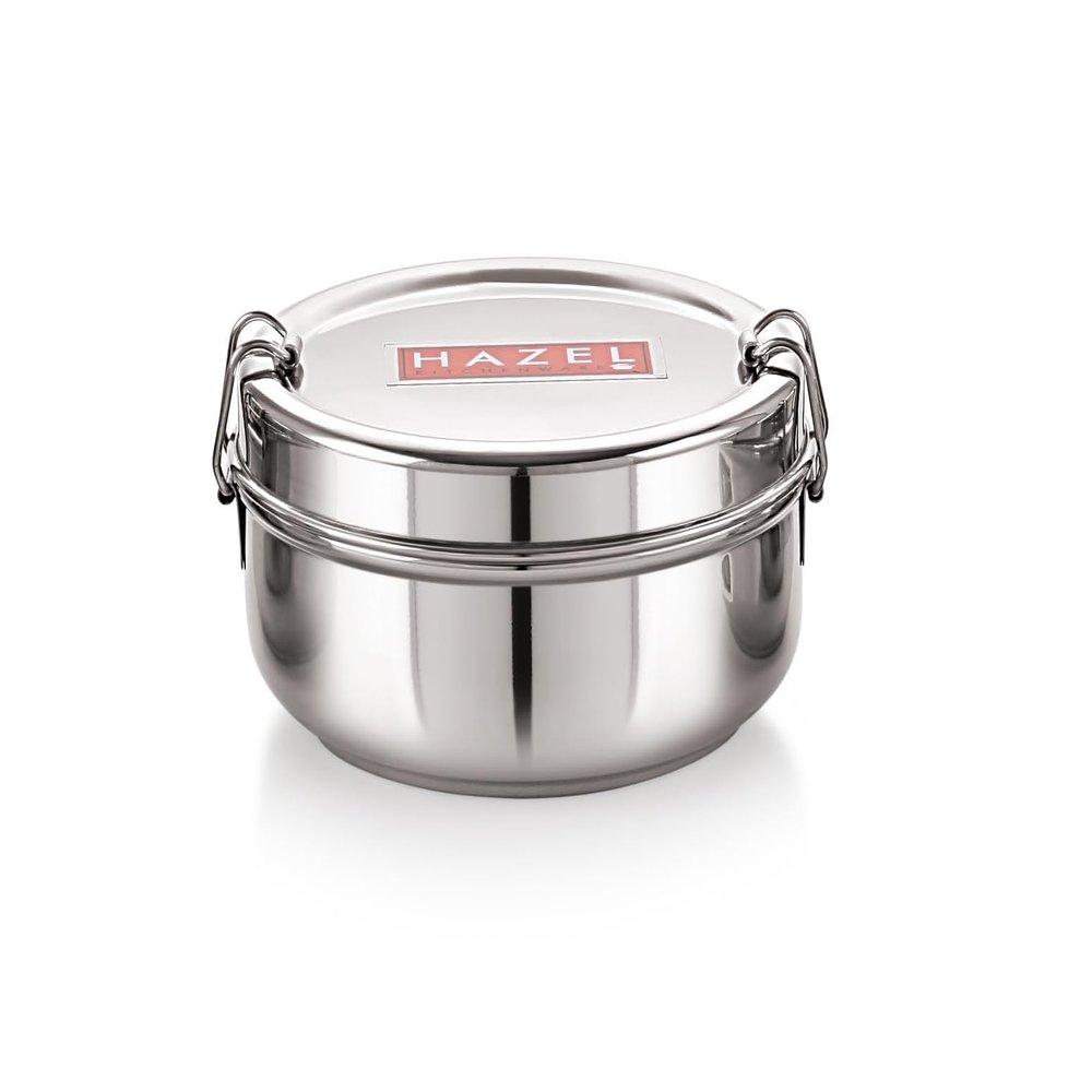 HAZEL Steel Tiffin Box for Office | 500 ml Stainless Steel Lunch Box with Inner Plate | Traditional Glossy Finish Steel Dabba | Compact Leak-Resistant Box