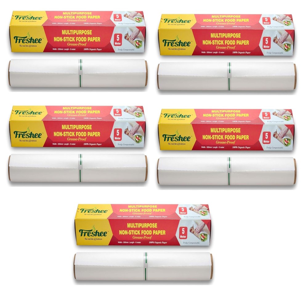 Freshee Food Wrapping Paper & Cooking 5 Meter Greaseproof Paper Roll Pack of 5, Wrap Multipurpose Non-Stick Food Paper, Baking, Food Packing