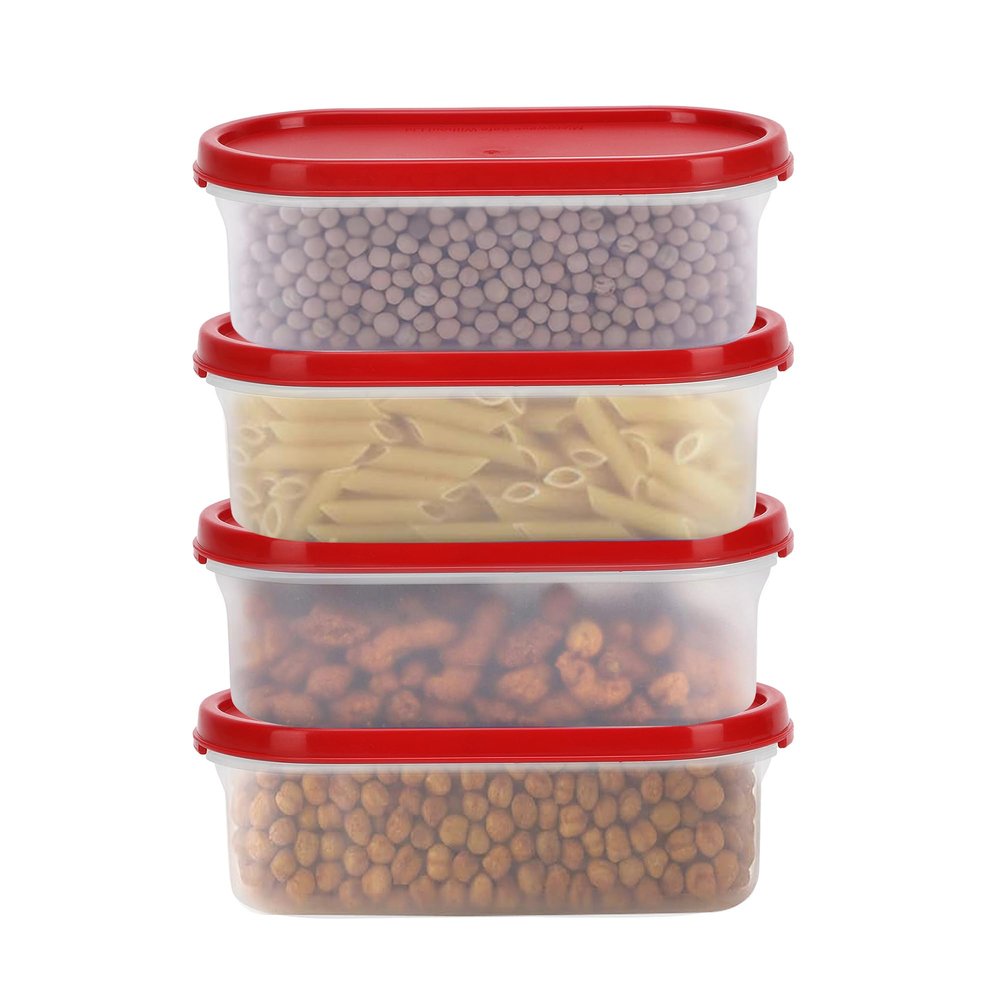 Cutting EDGE 525ml Modular Plastic Container Set of 4, BPA-Free & Leak-Proof, Stackable & Nestable, Reusable Food Organizers For Kitchen, Pantry, Fridge & Meal Prep (Cherry Red)