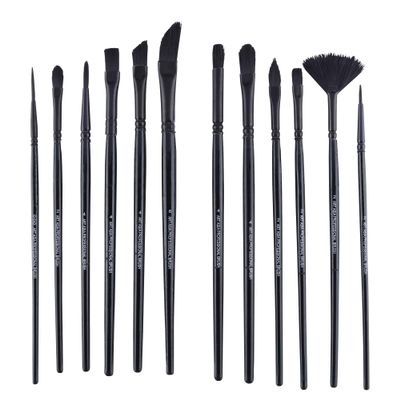 worison Wood 12 Pc Black Mix Synthetic Hair Paintbrush Set For Watercolor And Acrylic Painting