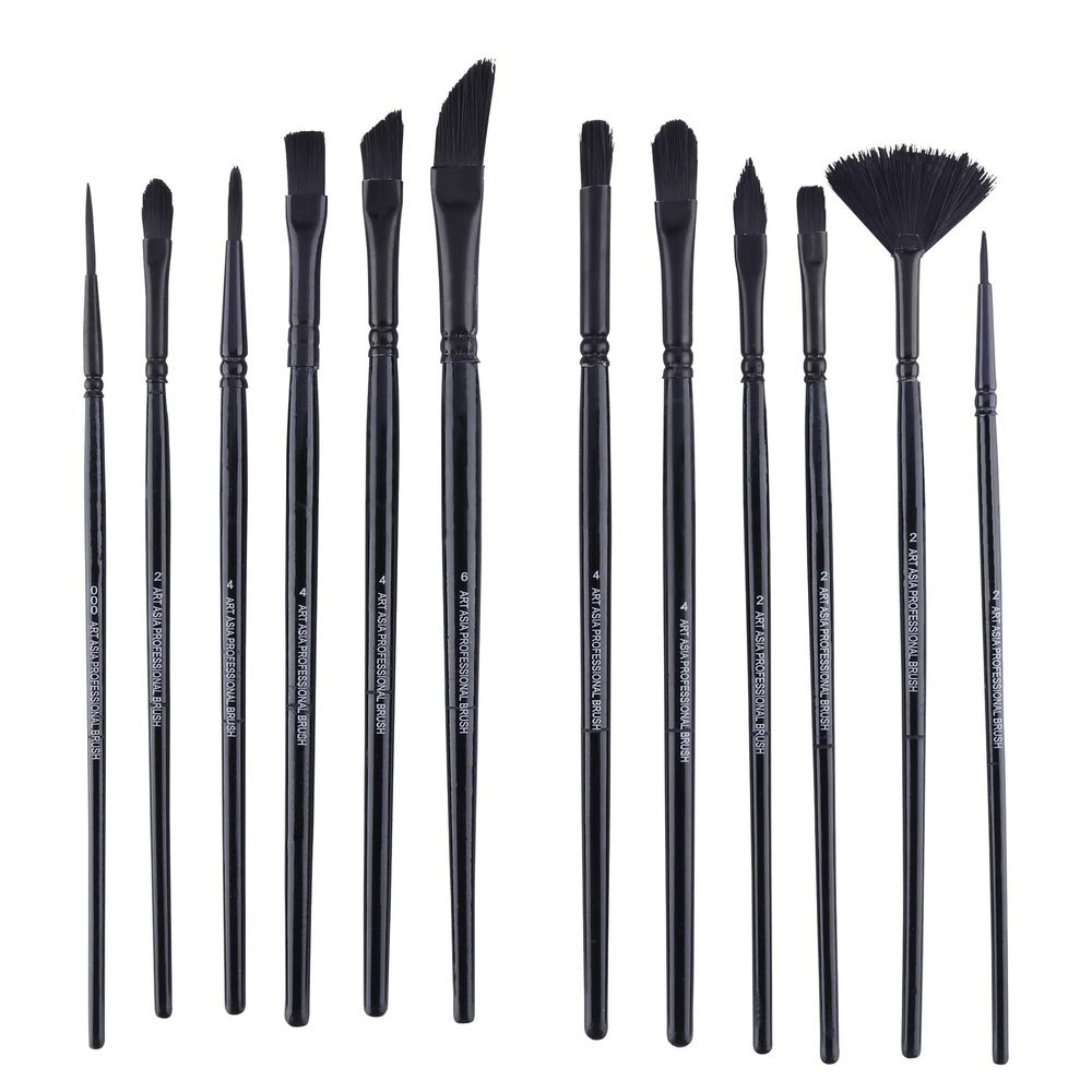 worison Wood 12 Pc Black Mix Synthetic Hair Paintbrush Set For Watercolor And Acrylic Painting