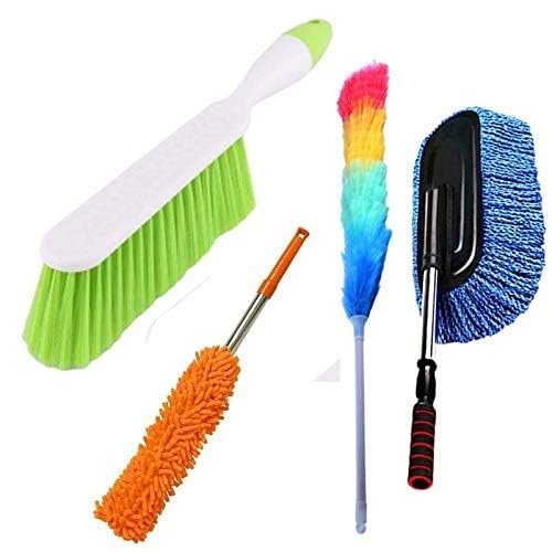 Autokaar Car/Bike/Home/Furniture/Kitchen/Window Duster Brush Combo (Big Mop Wax Brush, Carpet Brush with Hard Bristles, Telescopic Duster with Steel Handle, Plastic Static Duster)