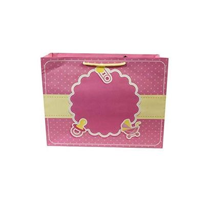 Flute Presents Beautiful Baby Shower Printed Pink Colour Eco Friendly Gift Paper Bag, Size 13inch (H) x 10inch (W) x 4inch (Side Wall), Pack of 10