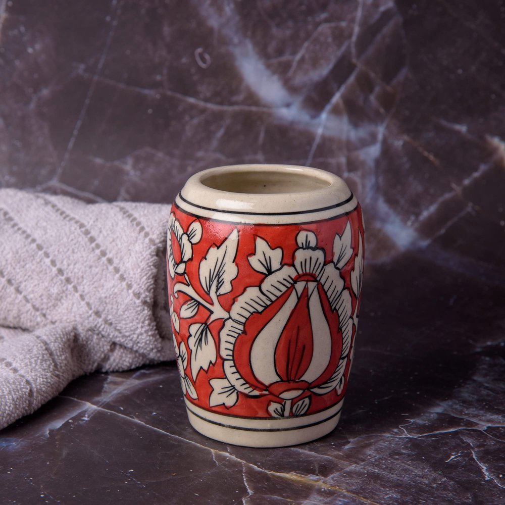 India Meets India Handmade Ceramic Toothbrush Holder/Toothpaste Holder Stand/Bathroom Accessories Set, Best for Gifting, Made by Awarded Indian Artisan (Red)