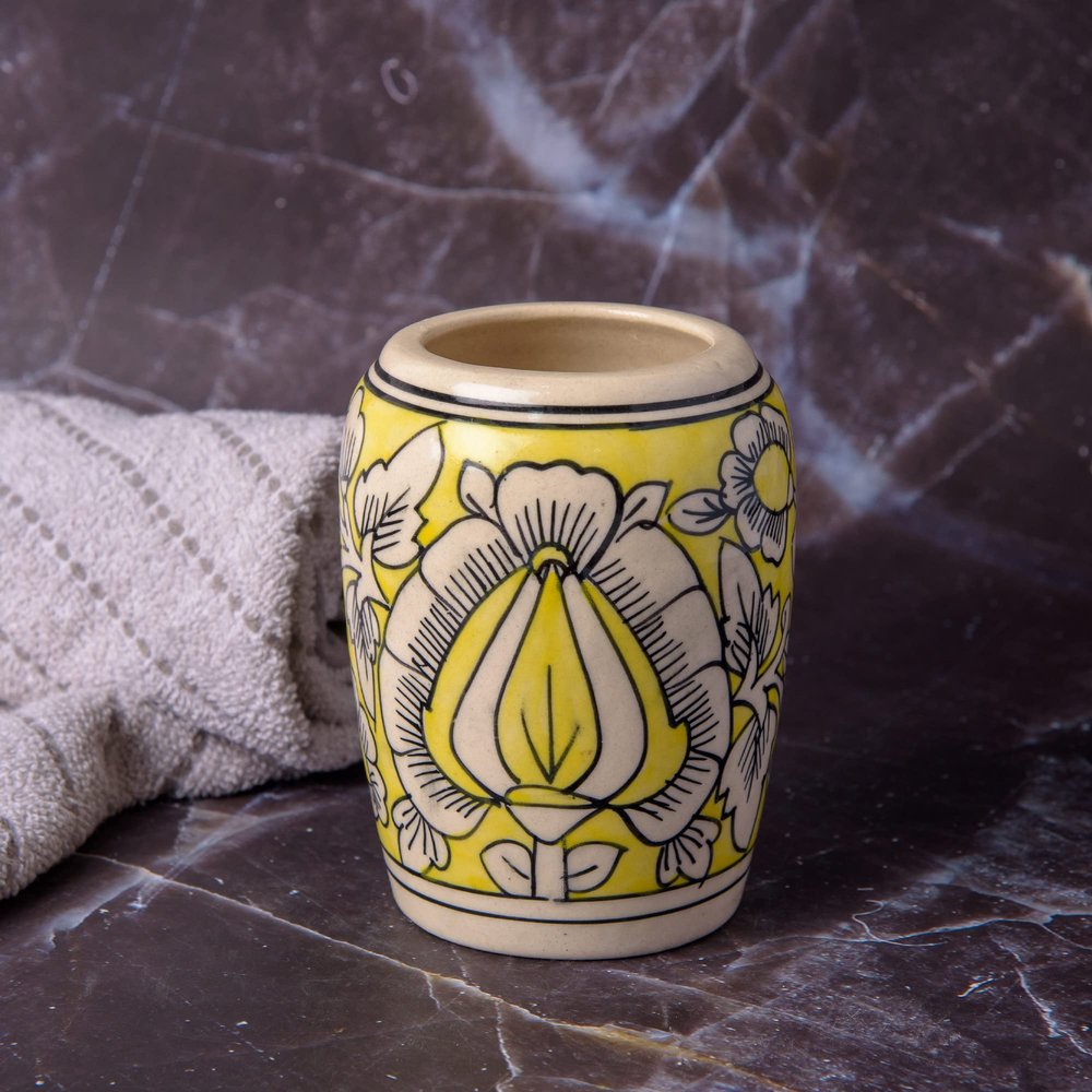 India Meets India Handmade Ceramic Toothbrush Holder/Toothpaste Holder Stand/Bathroom Accessories Set, Best for Gifting, Made by Awarded Indian Artisan (Yellow)