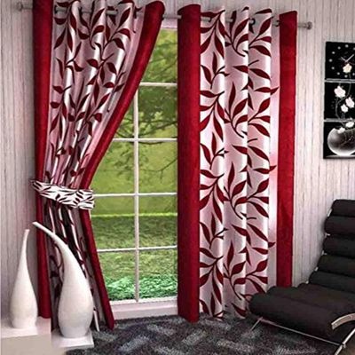 Radees Creations Polyresin Floral Grommet Door Curtain, Door - 7 Feet, Maroon, Pack of 2