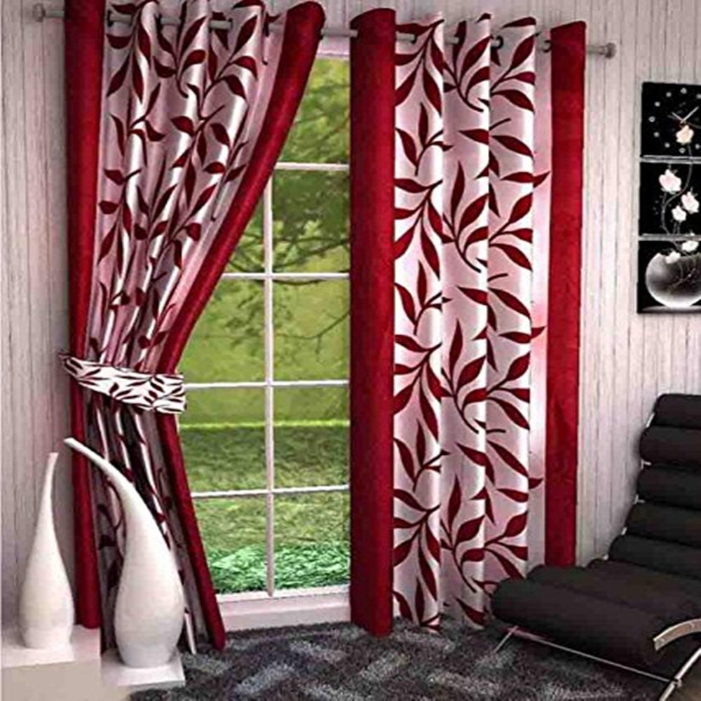 Radees Creations Polyresin Floral Grommet Door Curtain, Door - 7 Feet, Maroon, Pack of 2