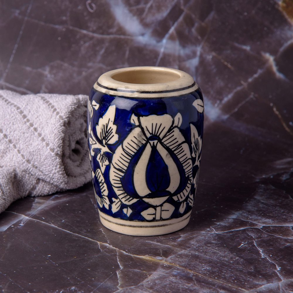 India Meets India Handmade Ceramic Toothbrush Holder/Toothpaste Holder Stand/Bathroom Accessories Set, Best for Gifting, Made by Awarded Indian Artisan (Dark Blue)