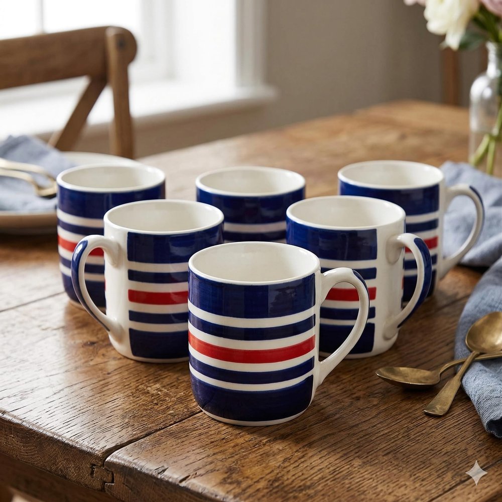 RAJ ROYAL GSS Glossy Ceramic Stylish Coffee Mugs Tea Cup Printed Multicolor Lining Design Microwave Safe Cup Best Gift for Kids Girls Boys Friends Anniversary Birthday (Set of 6, Capacity - 300 ml)