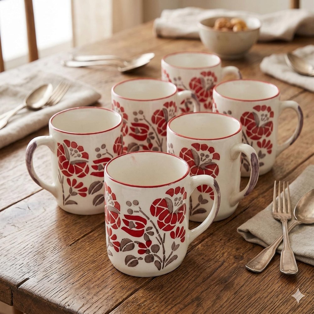 RAJ ROYAL Ceramic Stylish Coffee Mugs Tea Cup | Flower Printed Design Microwave Safe Cup with Handle | Ideal for Gift for Kids Girls Boys Friends Anniversary Birthday (Set of 6, Capacity - 300 ml)