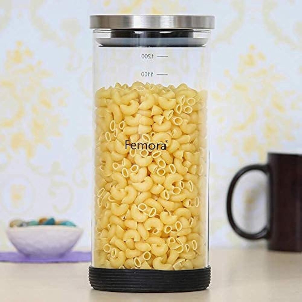 Femora Borosilicate Glass Jar With Silicon Bottom & Airtight Steel Lid| Glass Jar For Kitchen| Kitchen Storage Jars|1 Year Warranty|Jars for Gifting, Snacks, Spice, Cookies, Dry Food|1300 ML|Set Of 1