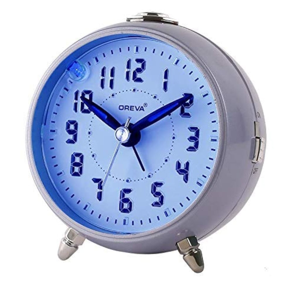 OREVA Alarm Table Clock with LED and 4 Step Buzzer Sound (Violate Body White LED, 9.1 cm x 5.6 cm x 9.8 cm, AA3527), Plastic