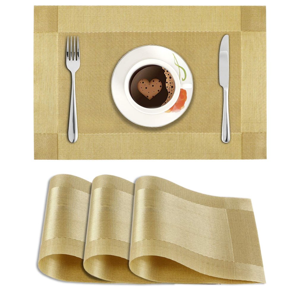 Bhaguji PVC Placemats Heat-Resistant Woven Vinyl Stain Resistant Placemat for Dining Table - Easy to Clean - Set of 4 Pieces (Gold)