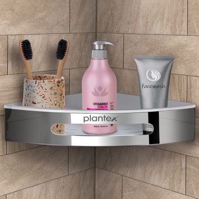 Plantex Corner Shelf for Bathroom Wall / 304 Grade Stainless Steel Bathroom Corner Rack/Bathroom Organizer/Kitchen Side Corner Shelf/Kitchen Shelf -(Silver and White, 9x9 inches)