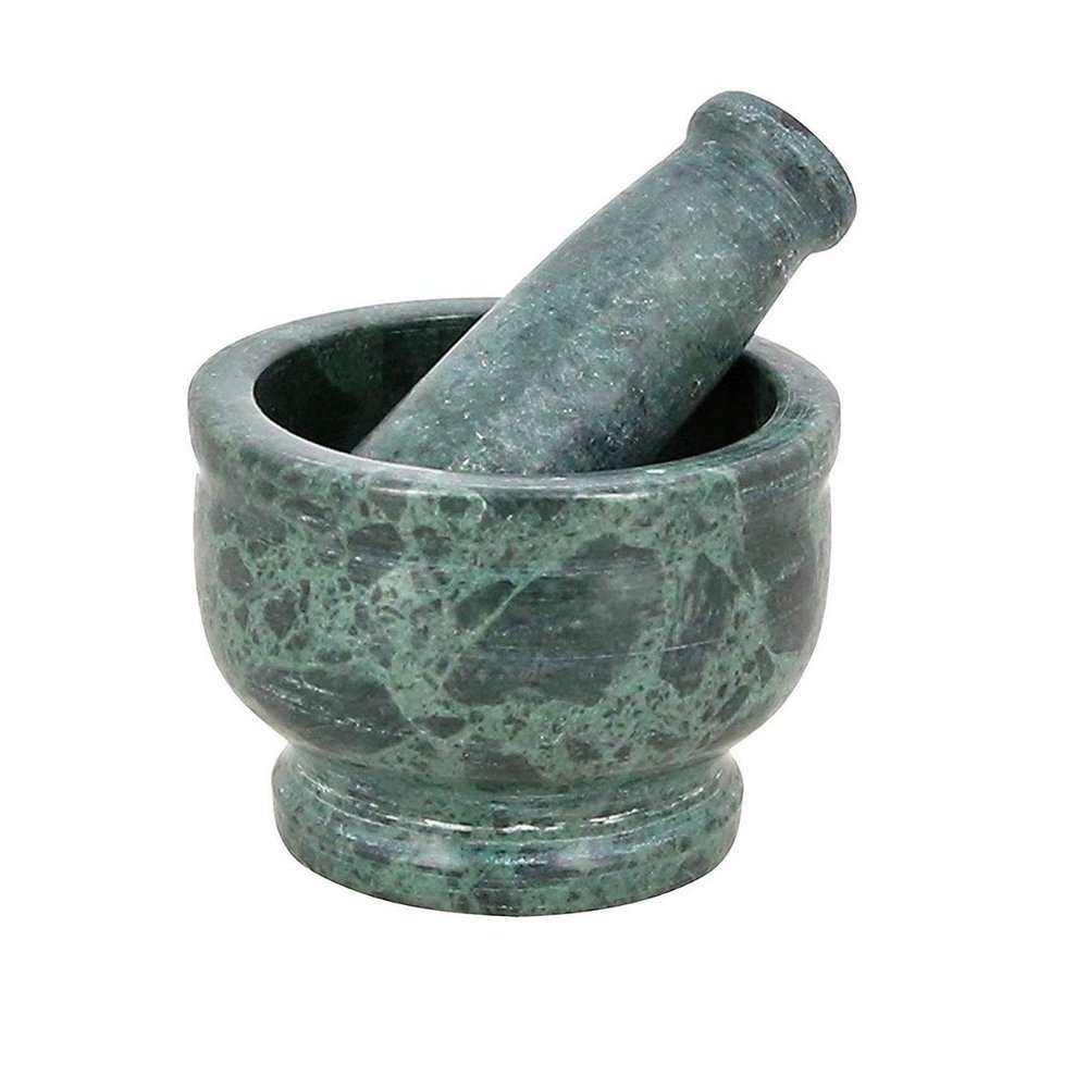 Anupam Enterprise Hand Made Durable Green Granite Imam Dasta, Mortar and Pestle Set, Ohkli Musal, Kharal for Kitchen (5 inch, Pack of 1)