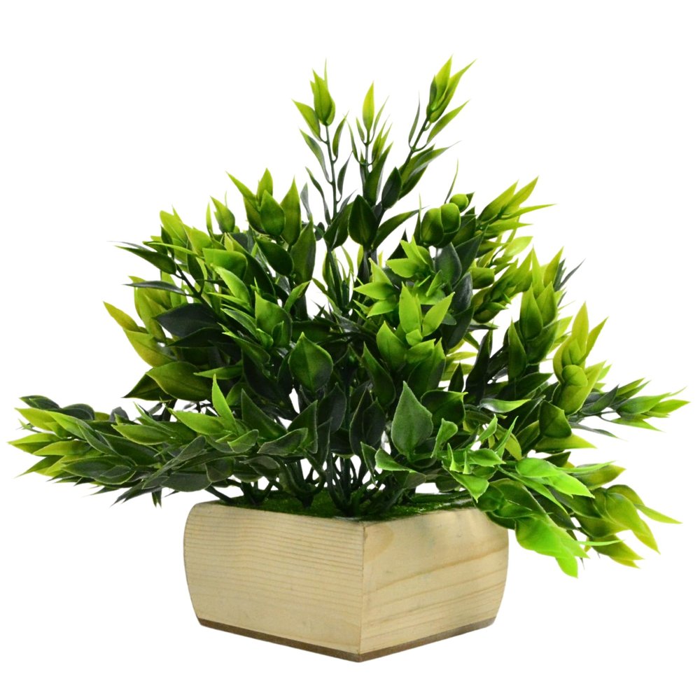 DecoreBugs Artificial Plant with Wooden Pot (Green, 1 Piece) Natural Looking Artificial Green Plant with Pot for Home, Home Decor Items for Living Room, Artificial Plants for Home Decor