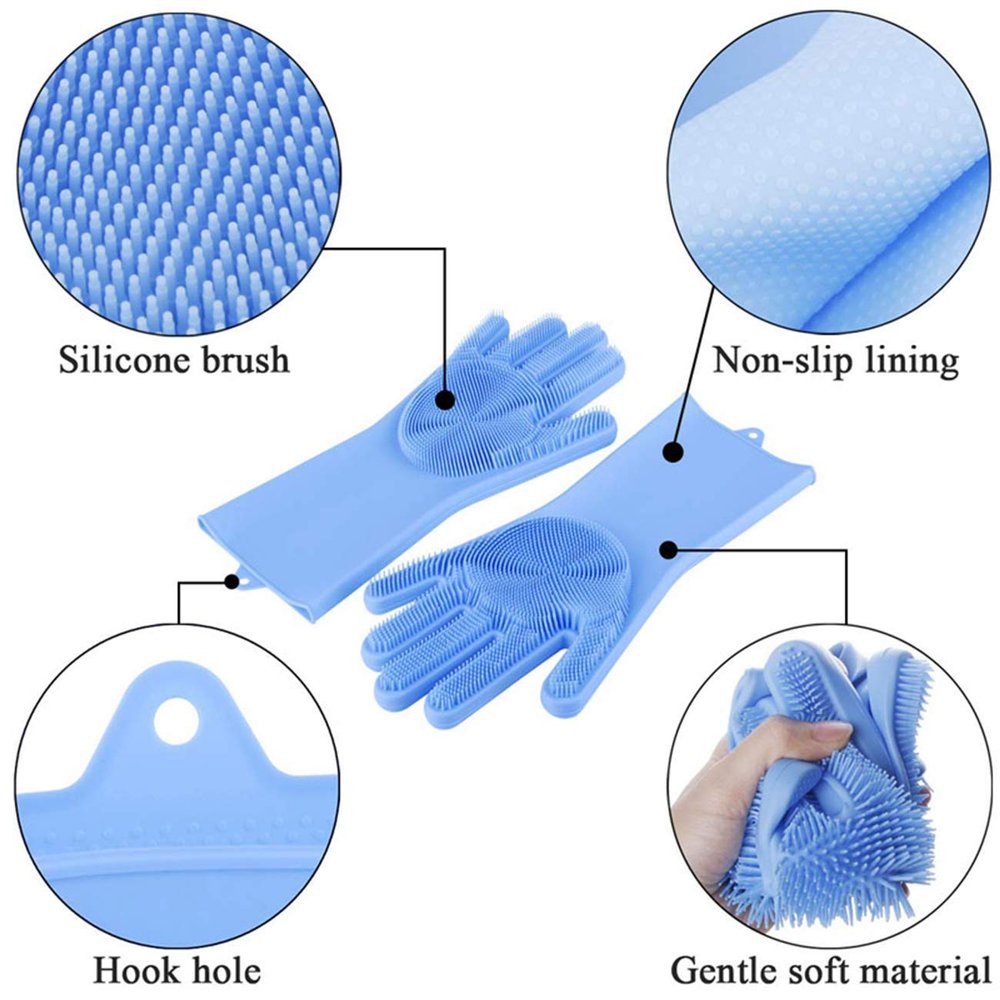GLUN Latex Free Heat Resistant Hand Silicone Rubber Scrubbing Cleaning Gloves for Kitchen Dish Washing, Pet Grooming, Car, Bathroom (Multicolour, 1 Pair - Set of 2 Pcs)
