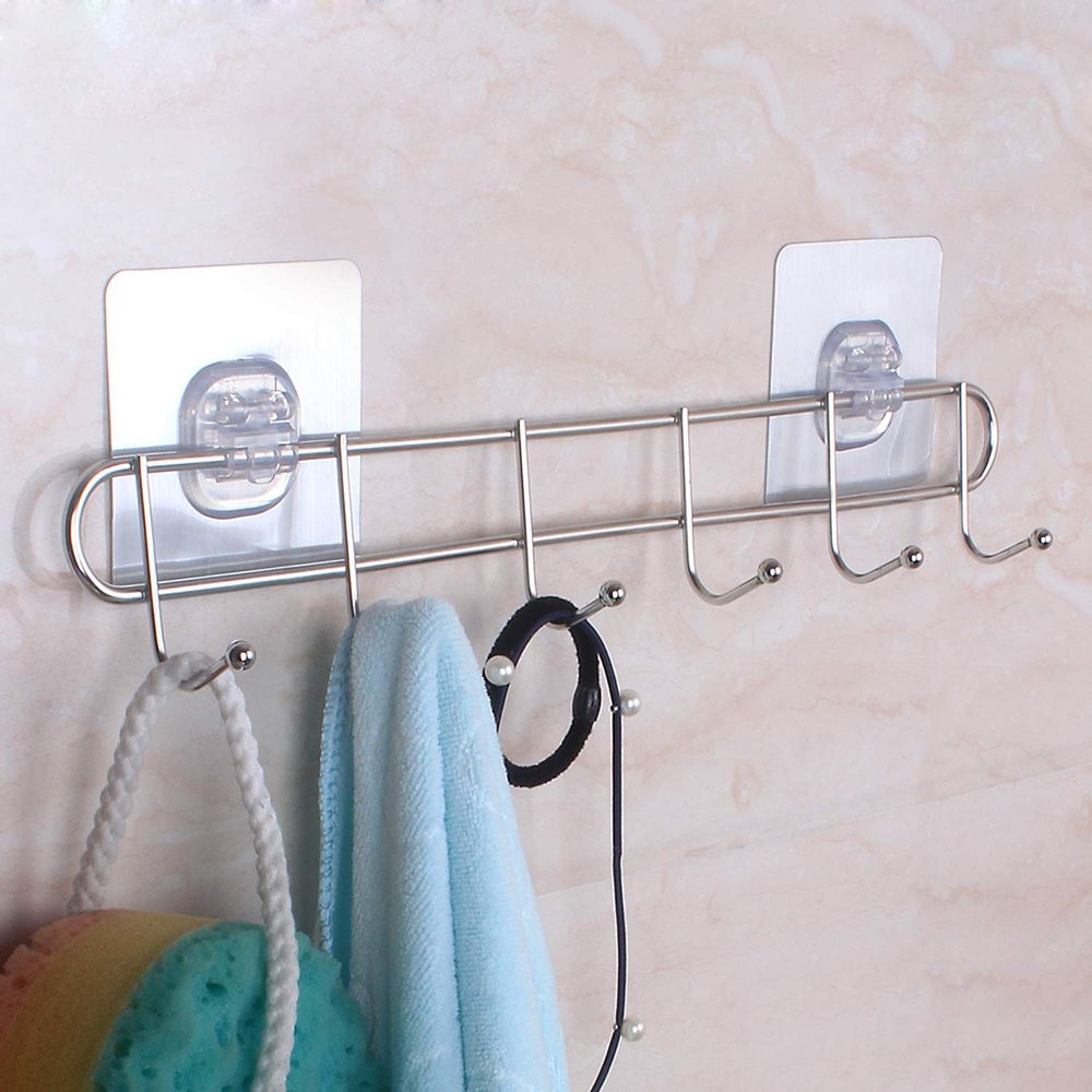 HOKIPO Magic Sticker Series Self Adhesive Stainless Steel 6 Hook Rail - 5KG Load Capacity (Model-AR3164)