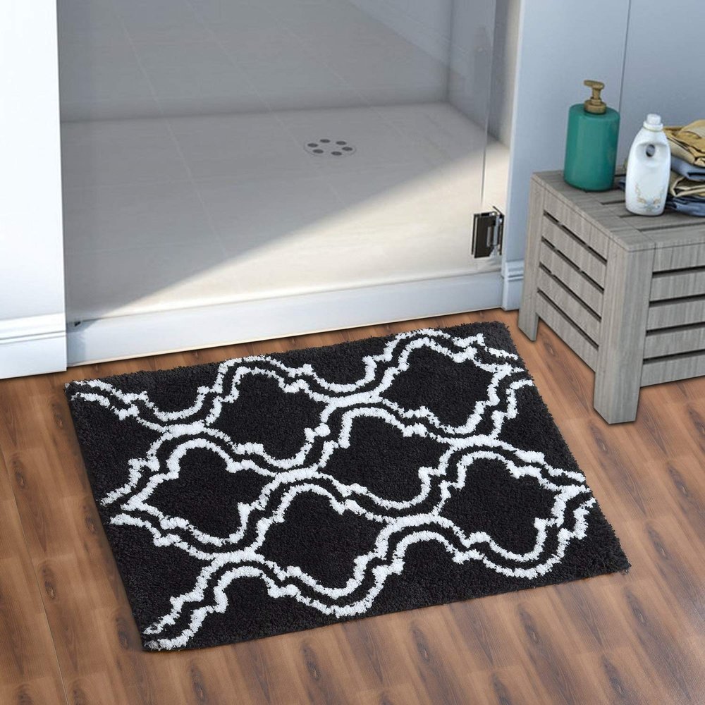 AEROHAVEN 100% Cotton Glorious Super Soft Moroccan Designer Anti Slip Bathmat - BM-17 (Black, 50 cm x 80 cm)
