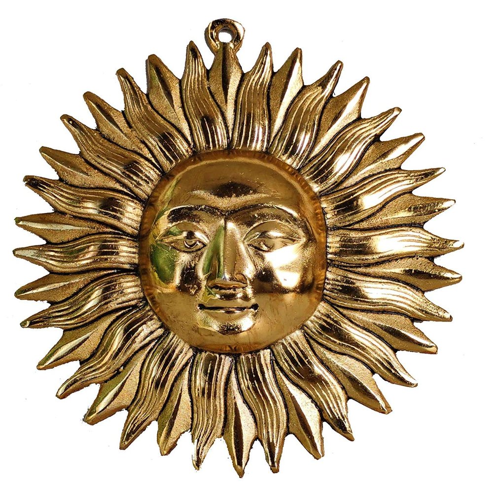 Pranjals House Metallic Brass Surya Dev, Lord Surya Wall Home Decor, Designer Wall Hanging Decoration Sculpture Vastu Figurine Surya for Positivity for Living Room, Bedroom, Home, Office for Protect Evil Eye (7.5 x 7.5 Inches, Golden)