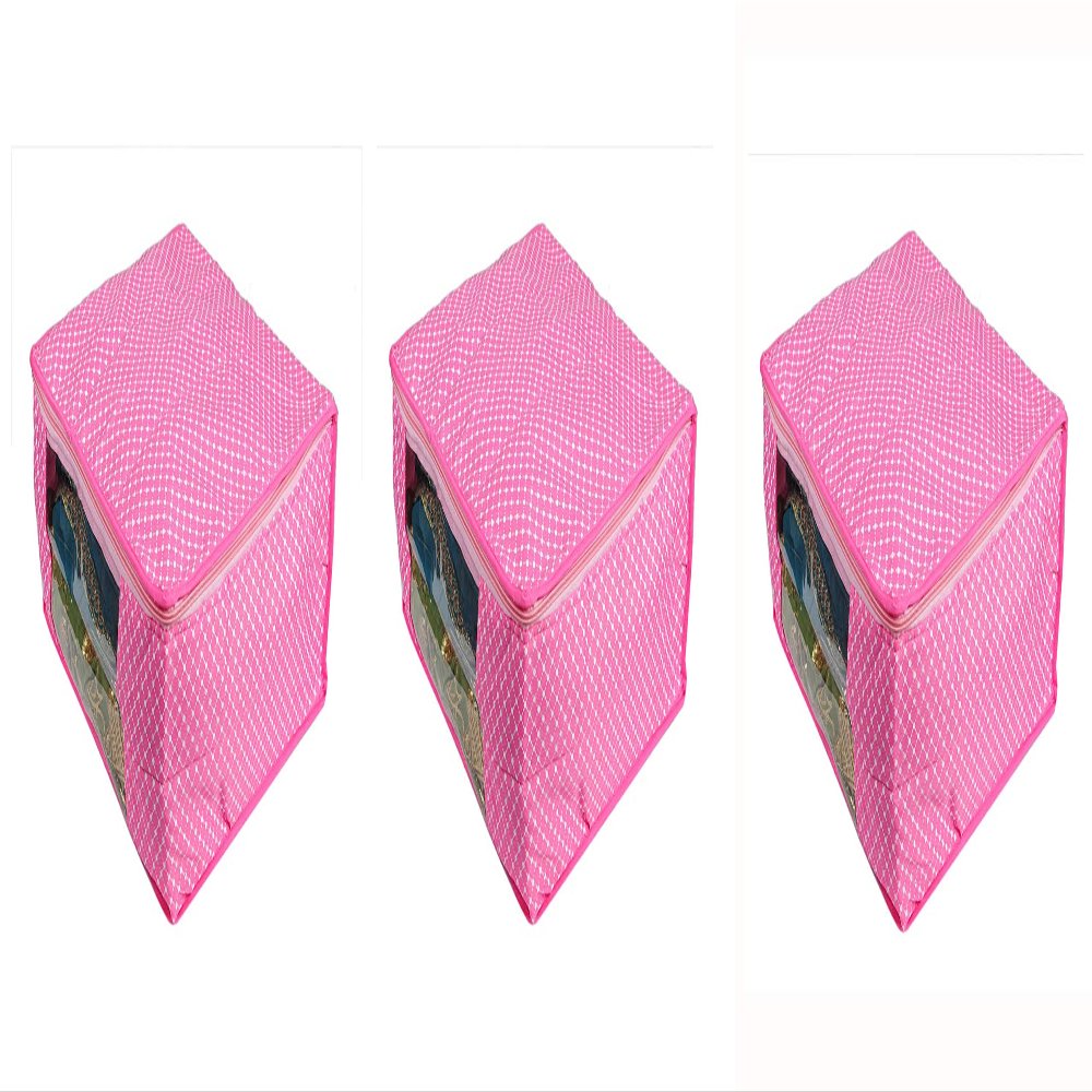 Sunesh Creation Pack of 3 Pink with White Polka Dots Print Clothes/Lehenga/Saree Cover Bag with Zip Closure for Storage and Gift Purpose (41x33x23cm)