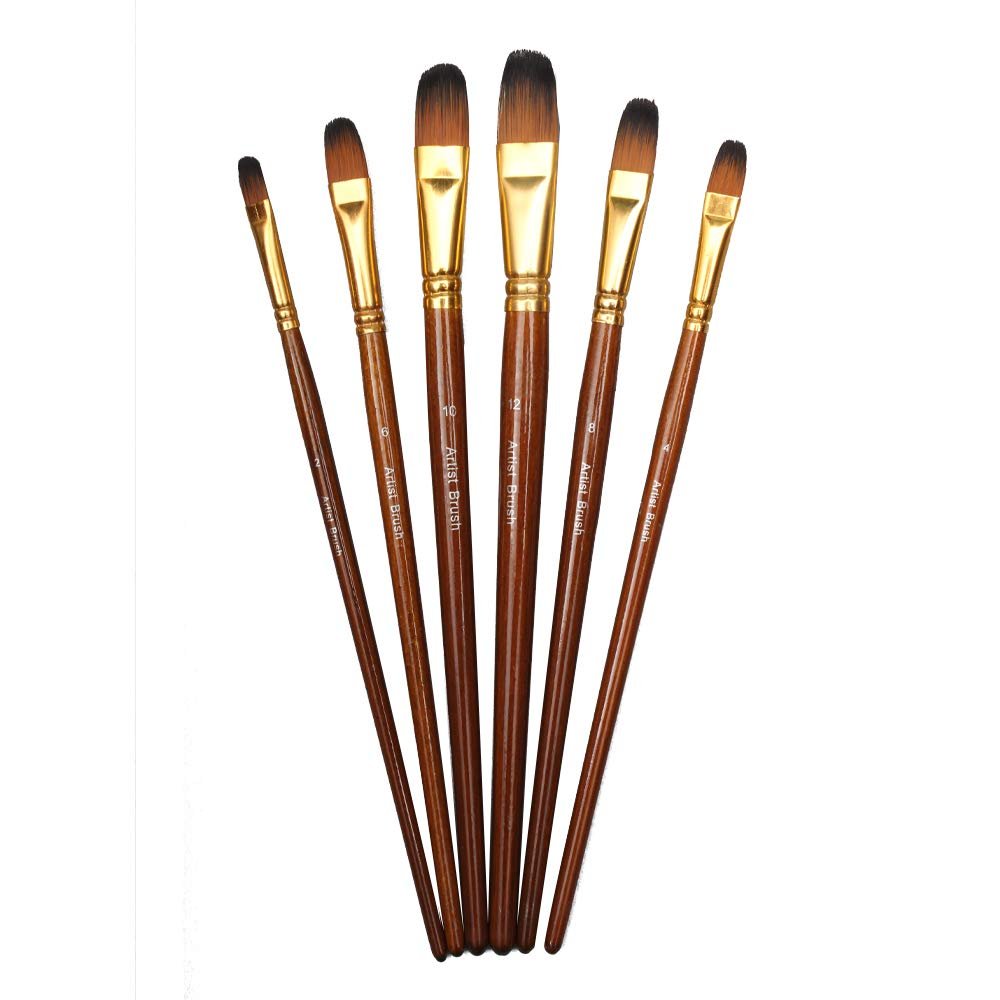 Chrome Small Handle Synthetic Filbert Tip Artist Paint Brushes- 6 Piece Set for Acrylic, Watercolor, Oil Painting