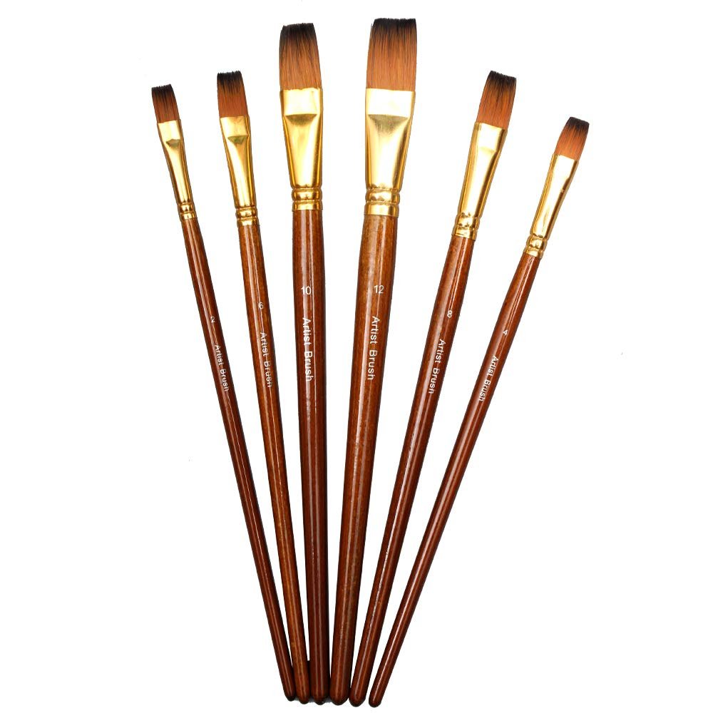 Chrome Painting Brushes Set of 6 Professional Flat Tip Synthetic Hair Artist Brush for Acrylic/Watercolor/Oil Painting