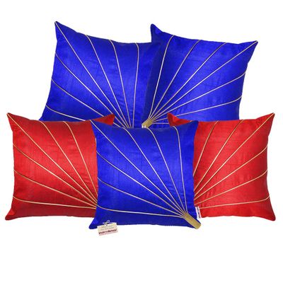 indoAmor Stripes Pattern Silk Cushion Covers (Blue & Red, 16x16 inches) - Set of 5 Pieces