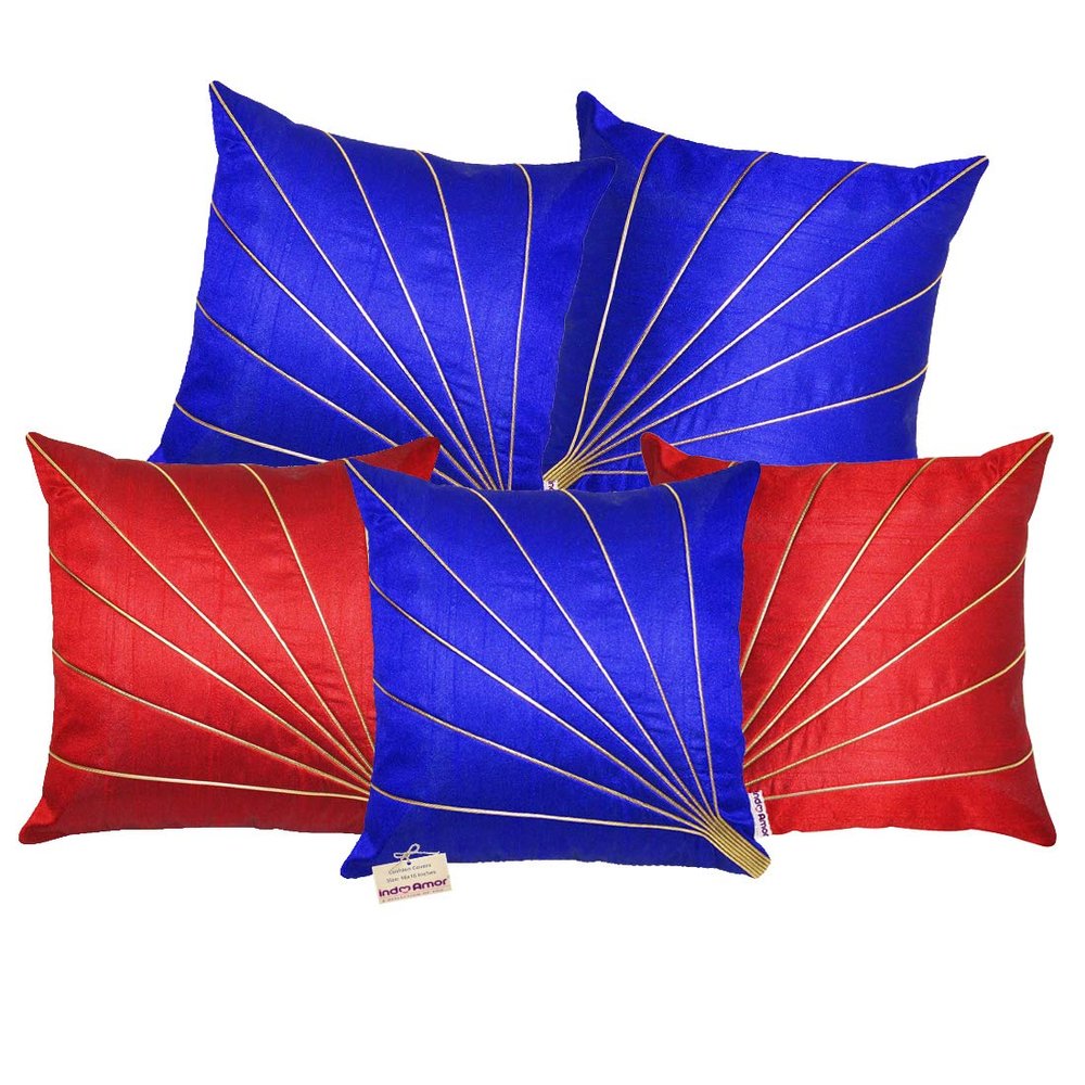 indoAmor Stripes Pattern Silk Cushion Covers (Blue & Red, 16x16 inches) - Set of 5 Pieces