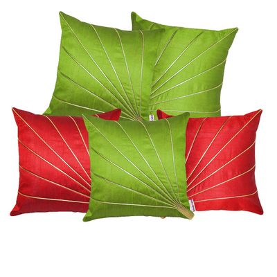 indoAmor Stripes Pattern Silk Cushion Covers (Green & Red, 16x16 inches) - Set of 5 Pieces
