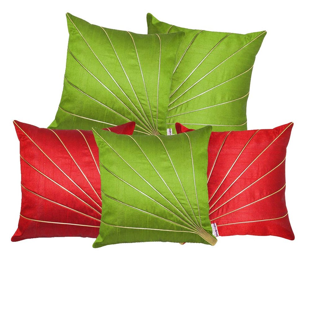 indoAmor Stripes Pattern Silk Cushion Covers (Green & Red, 16x16 inches) - Set of 5 Pieces