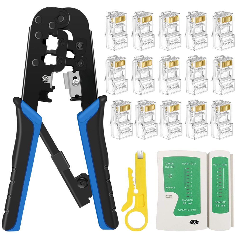 FEDUS RJ45 Crimping Tool Kit, Crimping Tool rj45 Crimping Machine for Cat6A Cat5E Cat5 RJ45 Ethernet tool kit, 100PCS rj45 Connector, Network Lan Tester, Cut and Strip Tool