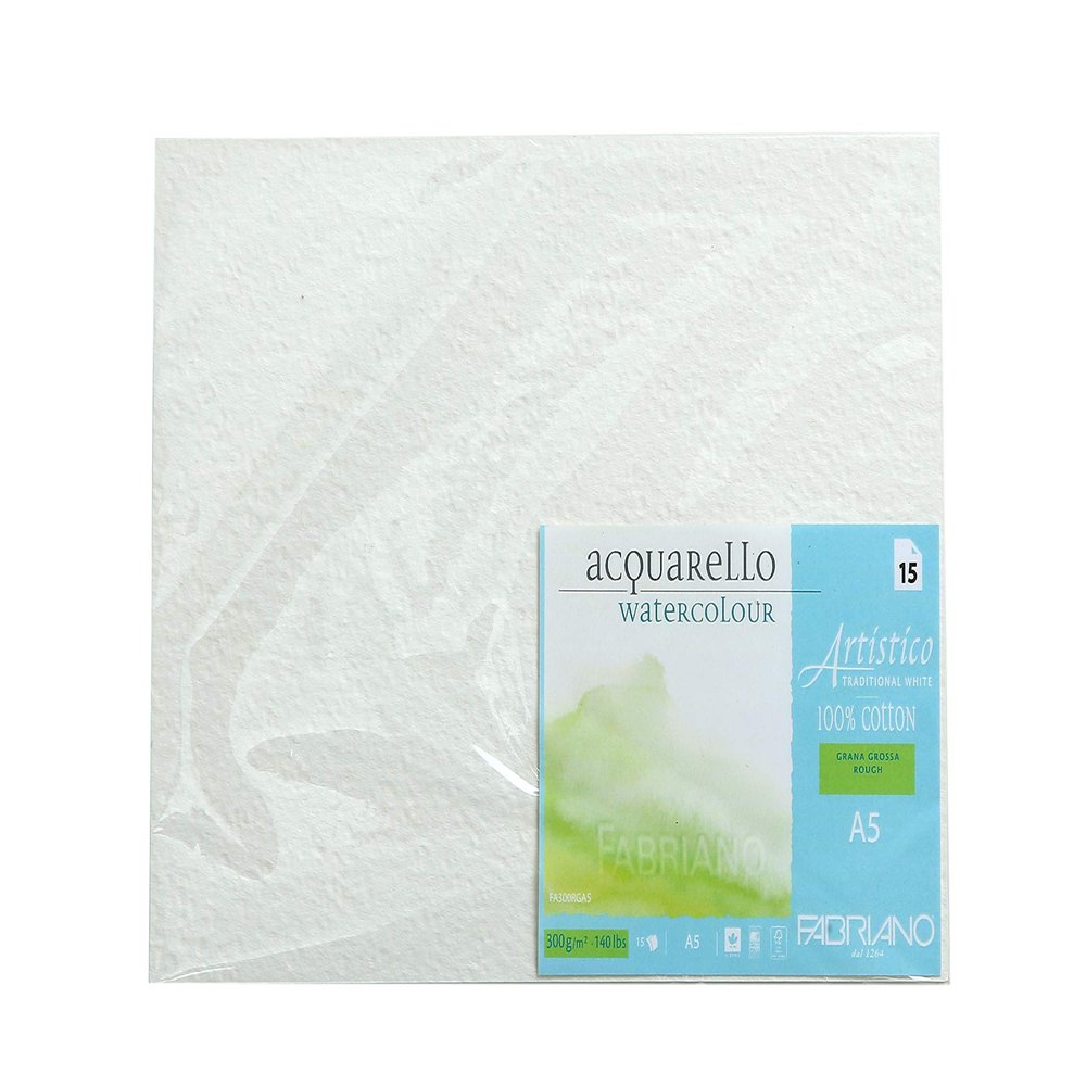 Fabriano Artistico Traditional White Watercolour paper, 100% cotton Rough, 300 GSM, Size A5, 15 Sheets|Ideal for watercolour, drawing, with tempera, gouache, acrylic, ink, charcoal, graphite.