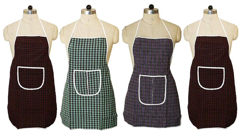 Heart Home Checkered Design 4 Pieces Cotton Kitchen Apron with Front Pocket (Multi)- CTHH04453
